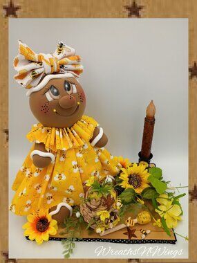 Honey Bee Girl Decor, Handmade Bumblebee Doll with Sunflowers & Candle,Farmhouse